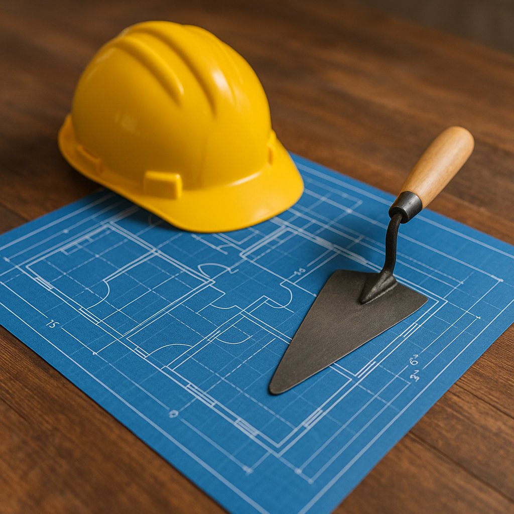 Herramientas de construcción y planos arquitectónicos